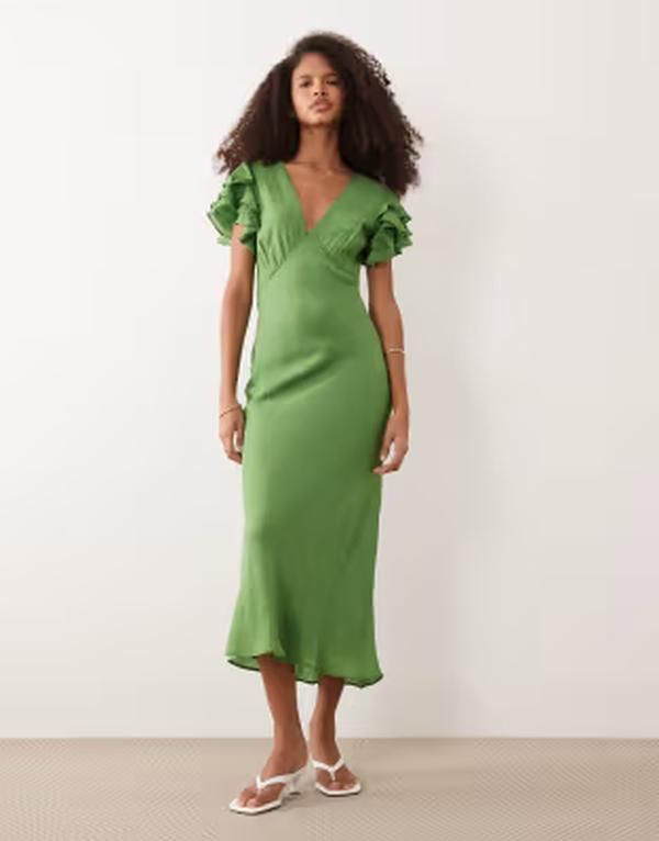 ノーバディーズ チャイルド レディース トップス ワンピース Vネック フリル ミディ キャップ Nobodys Child Layla ruffle cap sleeve vneck midi dress Green グリーン