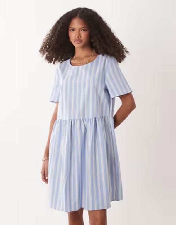 ジェイディーワイ レディース トップス ワンピース ミニ JDY short sleeve mini dress in light blue stripes BLUE ブルー