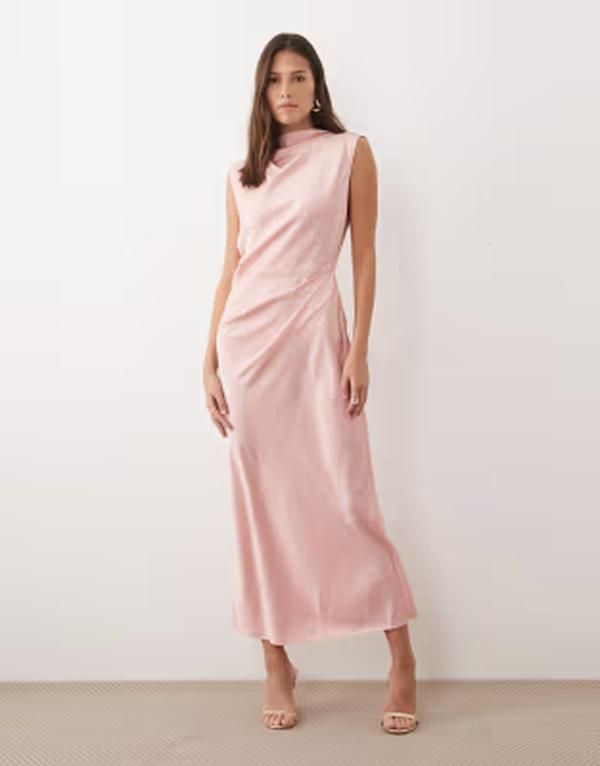 エイソス レディース トップス ワンピース ハイネック プリーツ ミディ サテン ASOS DESIGN satin high neck pleated bodice midi dress in dusty rose pink ピンク