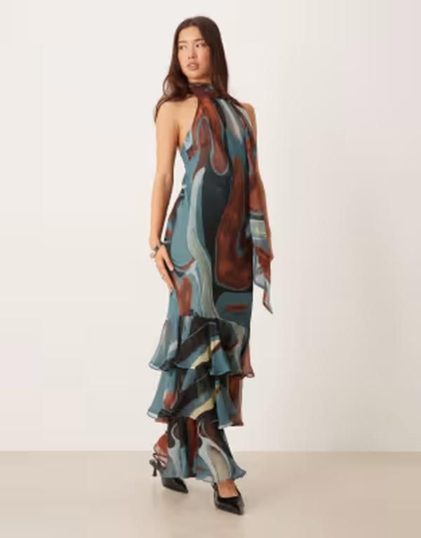 エイソス レディース トップス ワンピース シフォン マキシ ホルター ASOS DESIGN chiffon halter neck maxi dress with scarf detail abstract Blue abstract ブルー