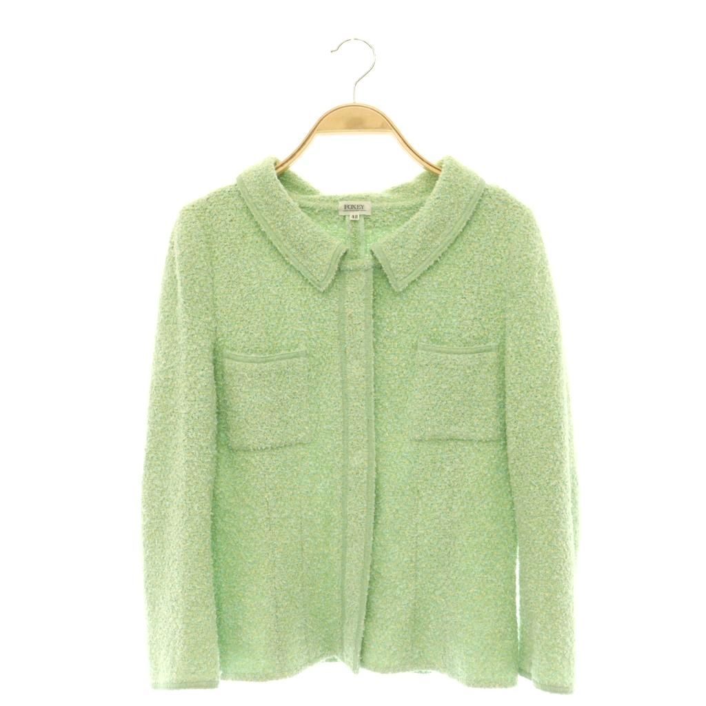 フォクシー ブティック FOXEY BOUTIQUE ニットツイードジャケット ステンカラー シルク混 アンゴラ混 42 ライトグリーン クリーム色 17715 /CX ■OS