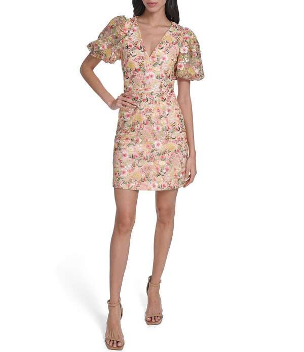 エリザジェイ レディース トップス ワンピース フラワー柄 ミニ メッシュ 刺繍 フラワー Eliza J Embroidered Floral Meshort Puff Sleeve VNeckline Sheath Mini Dress Blush ブラッ