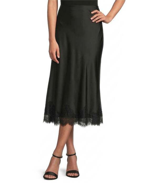 アンクライン レディース ボトムスカート レーストリム ミディ サテン レース Anne Klein Pull On Satin Lace Trim Flared Midi Skirt Anne Black ブラック