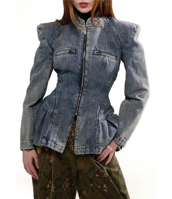 アザレア ワン レディース アウター コート デニム ブレザー ジャケット Azalea Wang Virelle Denim Stand Collar Long Sleeve Zip Front Blazer Jacket Denim デニム