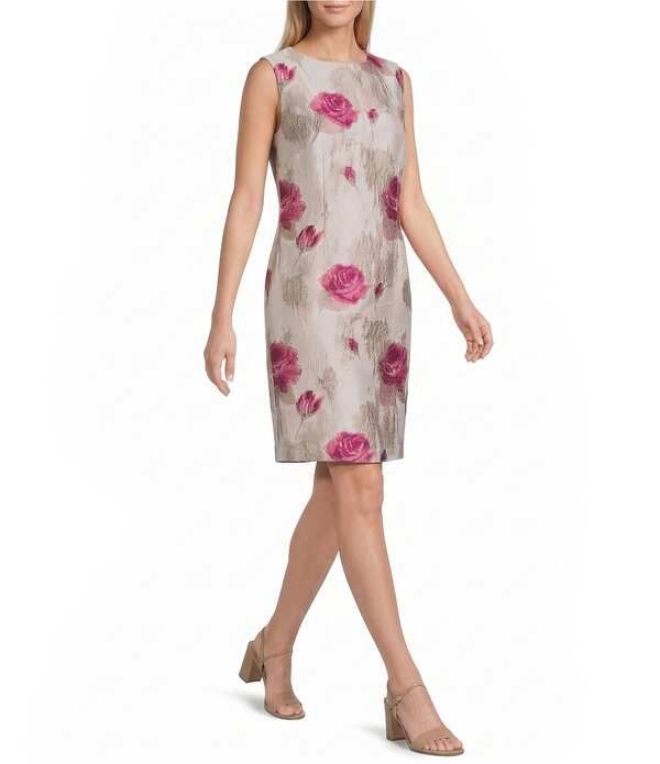 キャロライン ローズ レディース トップス ワンピース ノースリーブ Caroline Rose Romantic Rose Jacquard Scoop Neck Sleeveless Coordinating Sheath Dress Pink Multi