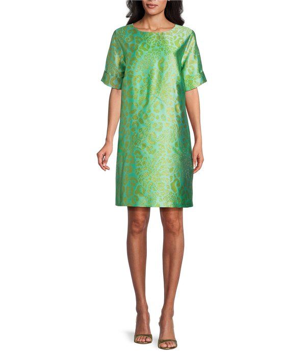 キャロライン ローズ レディース トップス ワンピース アニマル柄 プリントール Caroline Rose Talia Metallic Jacquard Animal Print Cuffed Elbow Sleeve Shift Dress Jade G