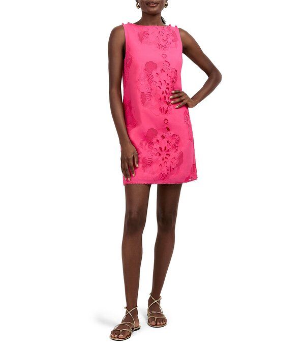 トリーナターク レディース トップス ワンピース ミニ ノースリーブ Trina Turk Francesca Eyelet Round Neck Sleeveless Button Shoulder Mini Dress Magenta Milano マゼン