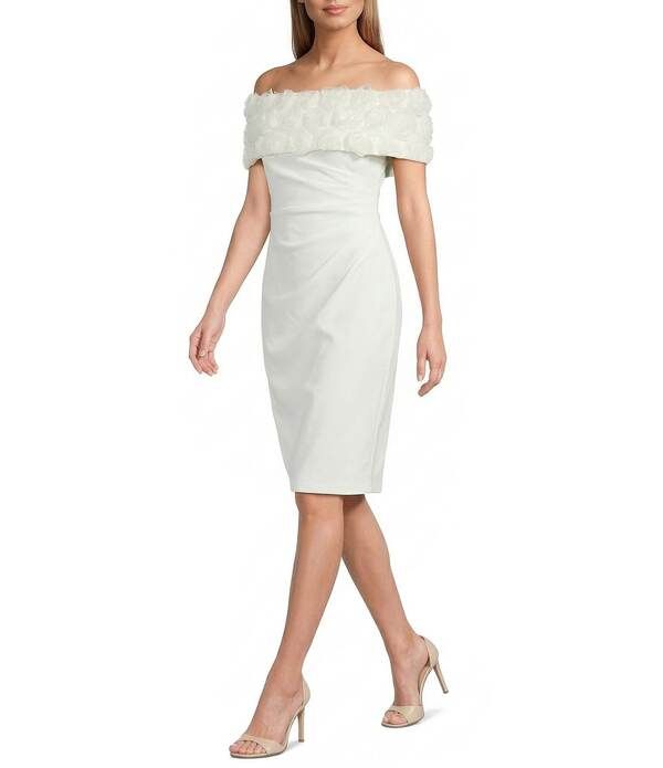 エリザジェイ レディース トップス ワンピース クレープ ミディ Eliza J Crepe 3D Flower OffTheShoulder Side Rouching Bodycon Midi Dress Ivory アイボリー