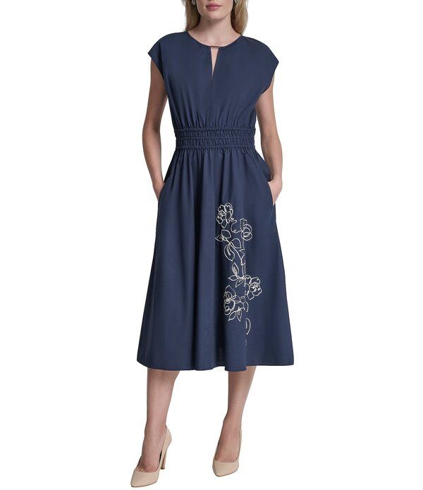 ダナキャラン レディース トップス ワンピース ウエストマーク ミディ 刺繍 キャップ DKNY By Donna Karan Cap Sleeve Cinched Waist Faux Embroidered Midi Dress Indigo インディゴ