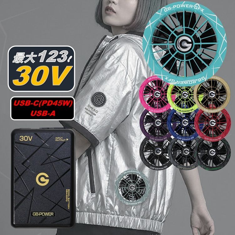 ※PDポート付き 【2026年30V】長信ジャパン バッテリーファンセット GB430PD+GFX GB-POWER 最大30V業界トップクラス大容量93Wh ダブル出力ポートUSB-A/USB-C 電動ファン付きウエア 空調ウェア 熱中症対策