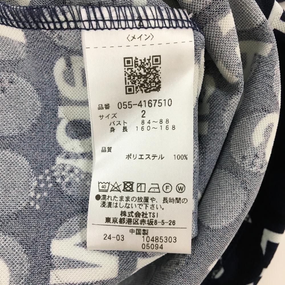 超美品】パーリーゲイツ 半袖ハイネックシャツ ネイビー×白 ロゴ総柄