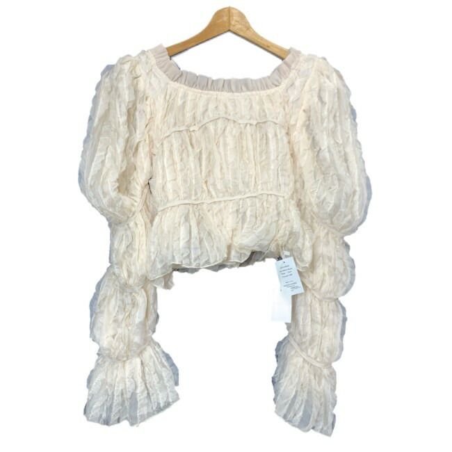 【中古】　MAISON MARBLE　カットソー　長袖　トップス　シャーリング　オフショル　レース　フリル　無地　ショート丈　ラグジュアリー　古着　/2151
