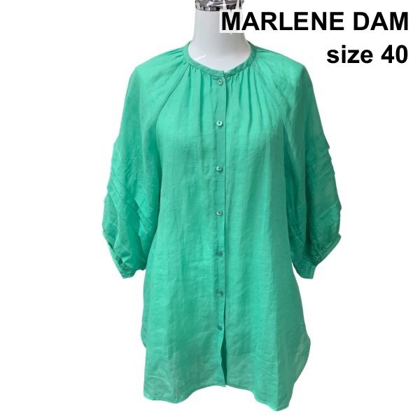 □ マーレンダム MARLENE DAM ブラウス ギャザードネック 七分袖 ラグランスリーブ 袖口ティアード 緑系 麻 40 L 11号 レディース Z6C140