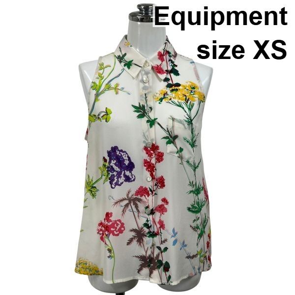 □ エキプモン Equipment ノースリーブブラウス シャツ 花柄 ボタニカル柄 シアー マルチカラー シルク XS 5号 レディース S6E284