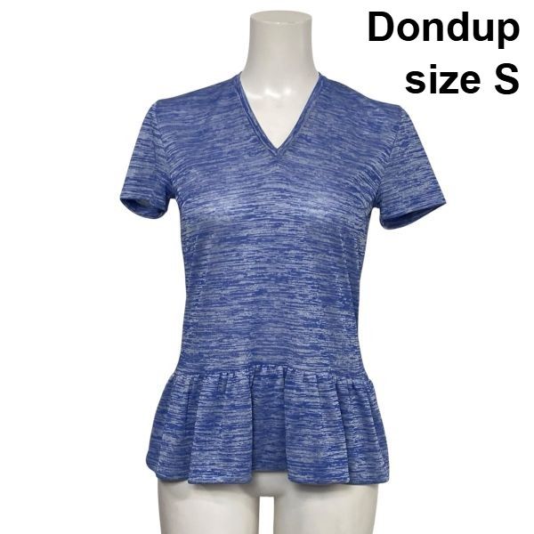 ◇ ドンダップ Dondup 半袖ニット サマーニット ペプラムデザイン Vネック ジャカード ブルー 白 メランジカラー S 7号 レディース S6E270