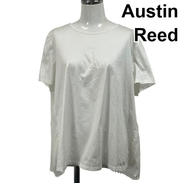 □ オースチンリード Austin Reed カットソー Tシャツ 半袖 ラウンドネック プリーツ シアー 白 綿 40 M～L 9～11号 レディース S6E260