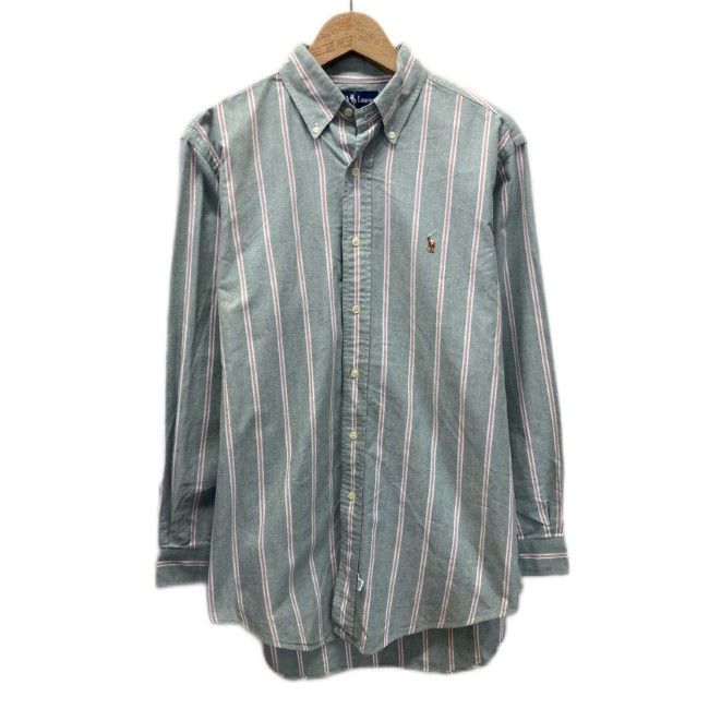 【中古】　RALPH LAUREN　ストライプシャツ　長袖　シャツ　トップス　ボタンダウン　ワンポイント　ブランドロゴ　スモールポニー　刺しゅう　古着　/2004