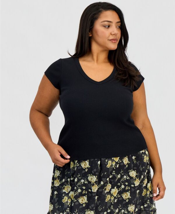 アンドノウディス レディース トップス Tシャツ Vネック 半袖 ニット And Now This Womens VNeck RibKnit ShortSleeve TShirt Macys Exclusive Deep Black ブラック