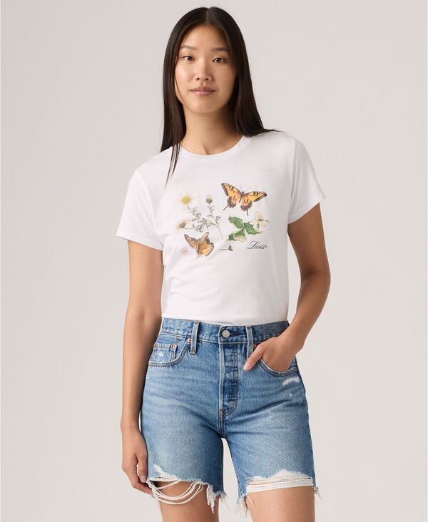 リーバイス レディース トップス シャツ コットン ロゴ グラフィック Levis Womens Perfect Graphic Logo Cotton TShirt Butterflies On Daisies Bright White ホワイト