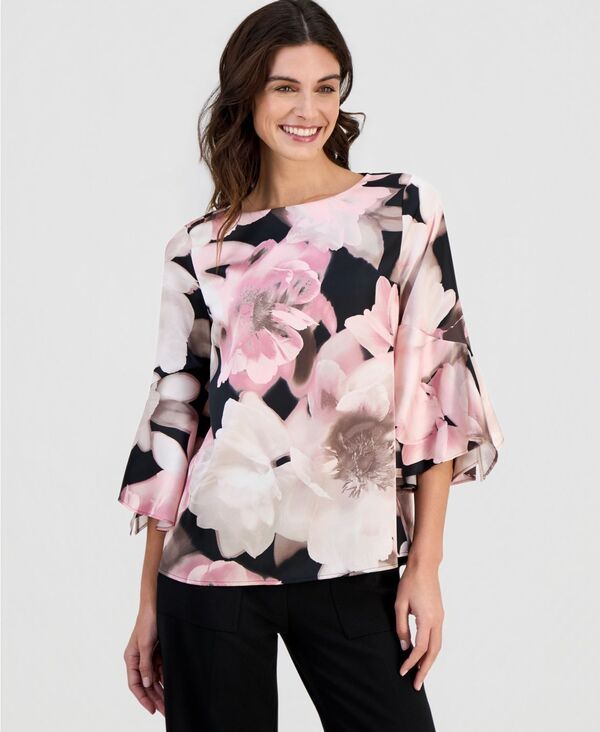 アンクライン レディース トップス シャツ フラワー柄 プリント ブラウス フラワー Anne Klein Womens FloralPrinted Flare Sleeves Blouse Anne Black Multi ブラック