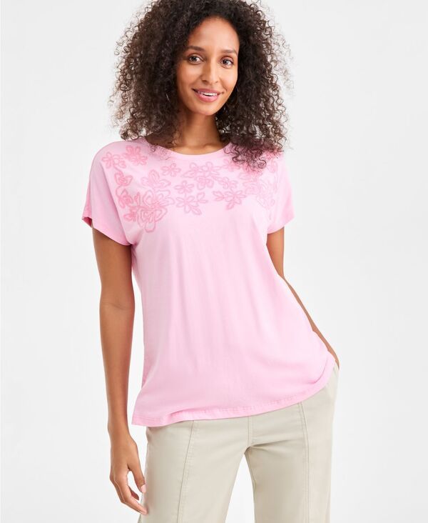 スタイルアンドコー レディース トップス シャツ 刺繍 ニット Style Co Womens Embroidered Short Sleeve Knit Macys Exclusive Playful Pink ピンク