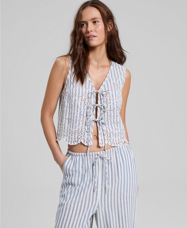 アンドノウディス レディース トップス ベスト And Now This Womenstriped Eyelet Vest Macys Exclusive BlueWhite Stripe ホワイト