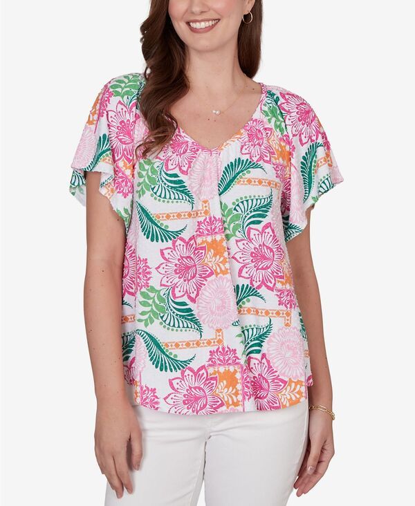 ルビーアールディー レディース トップス Tシャツ フラワー柄 プチ フラワー Ruby Rd Petite Tropical Floral Eyelet Flutter Sleeve TShirt White Multi ホワイト