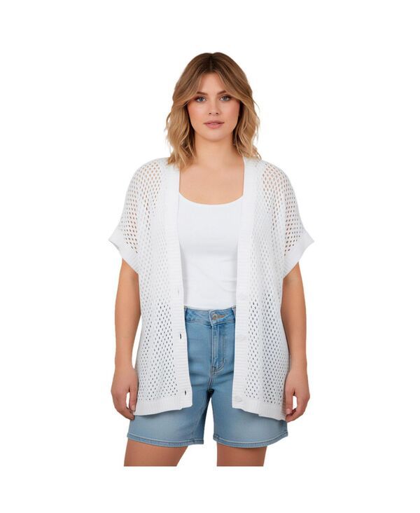 アベニュー レディース アウター ニット・セーター プラスサイズ カーディガン AVENUE Plusize Short Sleeve Button Front Cardigan White ホワイト