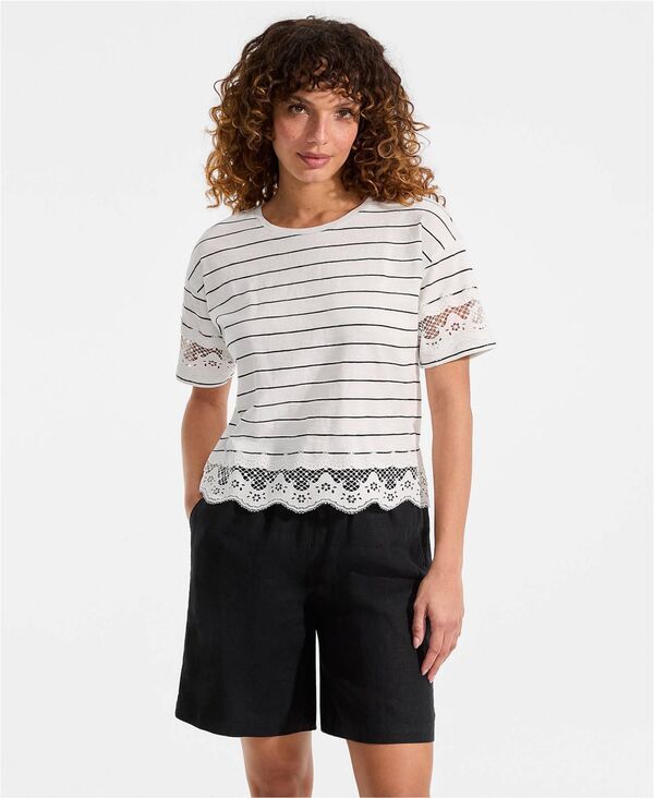 ランズエンド レディース トップス シャツ ジャージー Lands End Womenshort Sleeve Slub Jersey Cutwork TShirt Ivoryblack fine stripe アイボリー