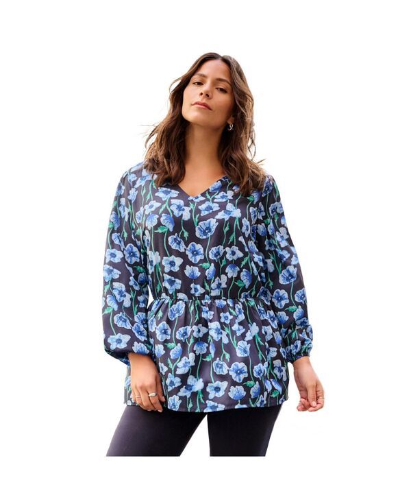 アベニュー レディース トップス シャツ Vネック ブラウス AVENUE Womens V Neck Blouson Elastic Waist Blouse Blue dreamy floral ブルー