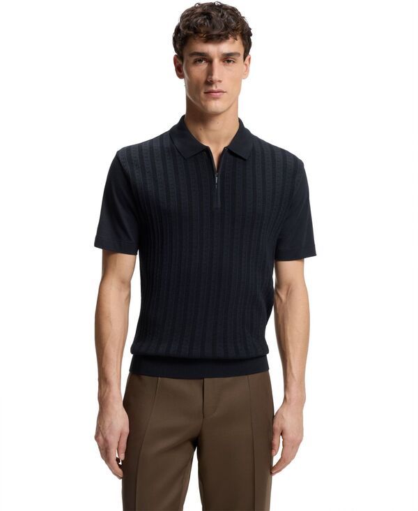 ヒューゴボス メンズ トップス ポロシャツ シルク コットン Hugo Boss Mens CottonSilk ZipNeck Polo Shirt Dark Blue ブルー