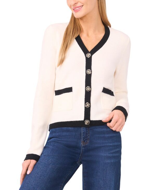 セセ レディース アウター ニット・セーター Vネック フラワー柄 カーディガン 長袖 フラワー CeCe Womens Floral Button LongSleeve VNeck Cardigan Egret 10,904円