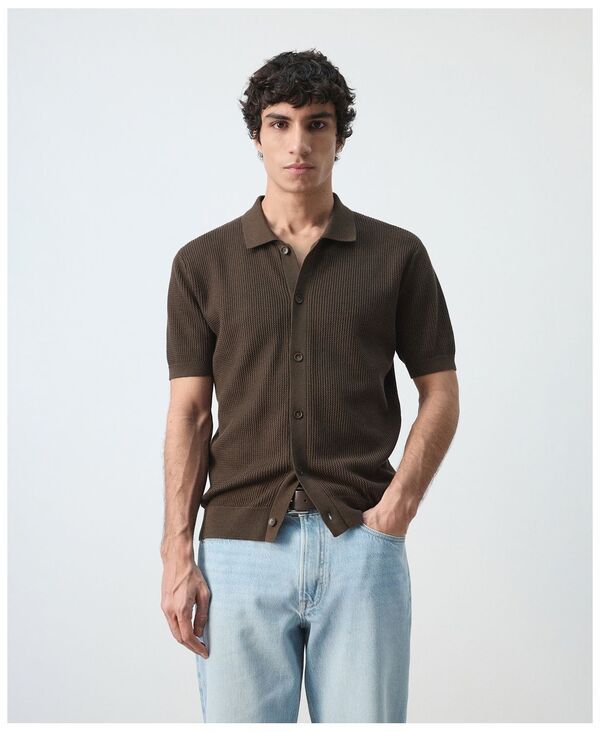 マンゴ メンズ トップス ポロシャツ コットン ニット MANGO Mens Cotton Structured Knit Buttons Polo Shirt Chocolate チョコレート