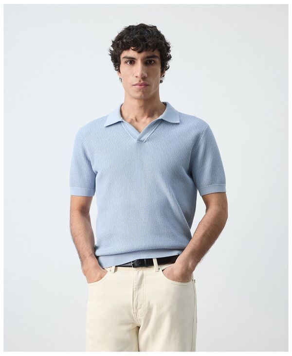 マンゴ メンズ トップス ポロシャツ コットン ニット MANGO Mens Cotton Knitted Structure Polo Shirt Sky Blue ブルー