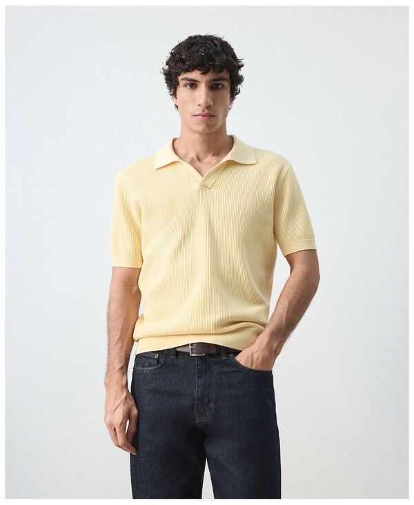 マンゴ メンズ トップス ポロシャツ コットン ニット MANGO Mens Cotton Knitted Structure Polo Shirt Pastel Yellow イエロー
