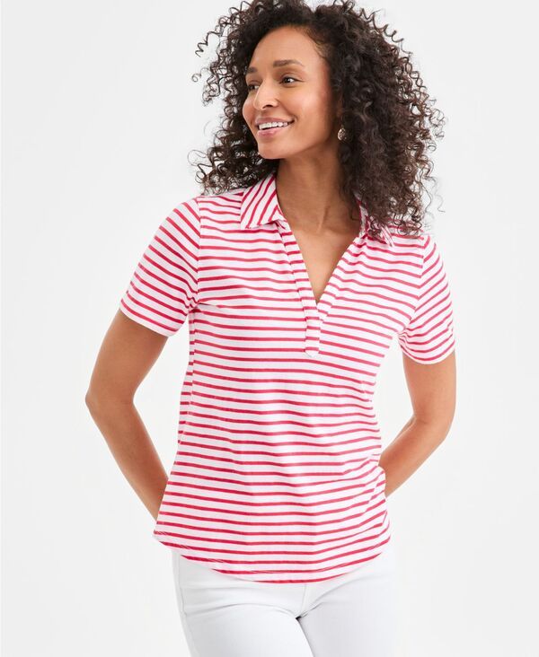 スタイルアンドコー レディース トップス ポロシャツ 半袖 Style Co Womenstriped ShortSleeve Polo Shirt Macys Exclusive Bright White ホワイト