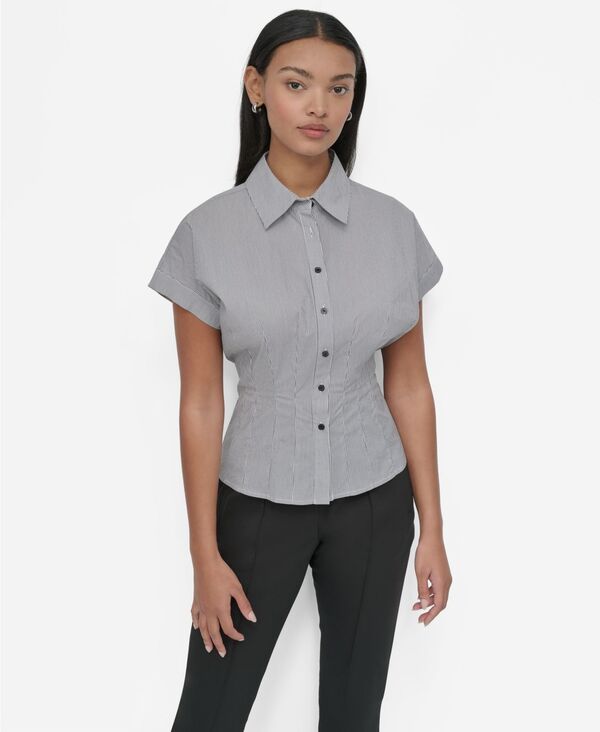 ダナ キャラン ニューヨーク レディース トップス シャツ プチ キャップスリーブ キャップ ブラウス DKNY Petite Collared CapSleeve Blouse Blkwht St