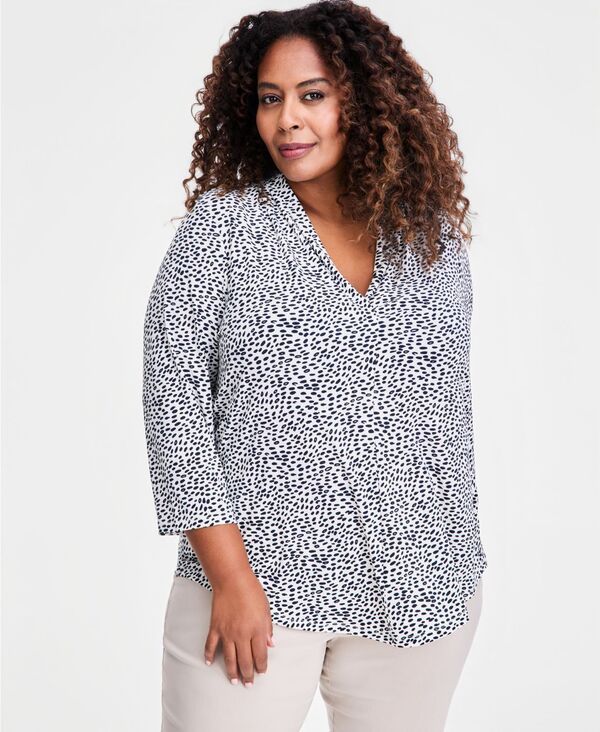 ジェイエムコレクション レディース トップス シャツ Vネック プラスサイズ プリント JM Collection Plusize Printed VNeck 34Sleeve Top Macys Exclusive Bright White ホワイト