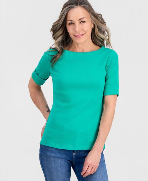 スタイルアンドコー レディース トップス シャツ コットン Style Co Womens BoatNeck Elbow Sleeve Cotton Top Exclusively at Macys Emerald Lake エメラルド