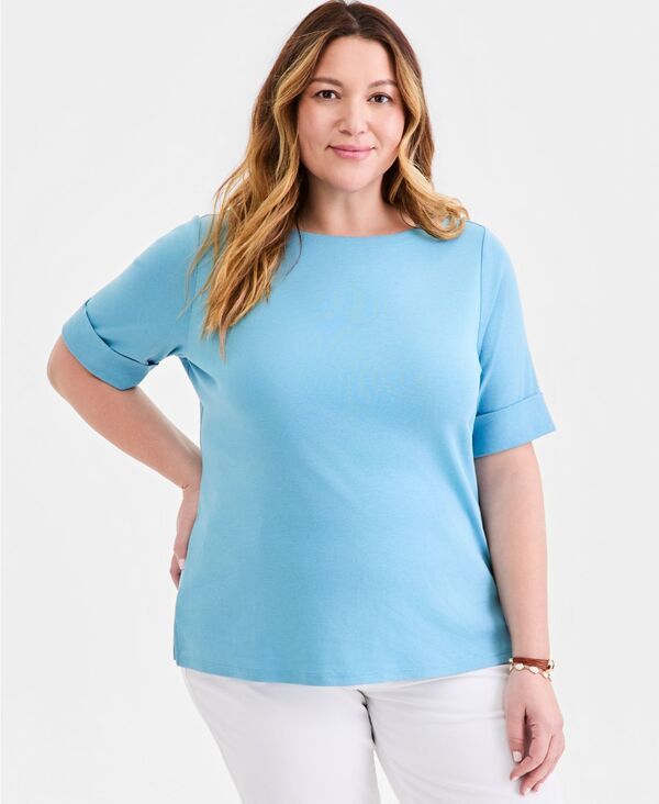 スタイルアンドコー レディース トップス シャツ コットン Style Co Womens BoatNeck Elbow Sleeve Cotton Top Exclusively at Macys Cool River