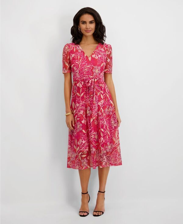 ケンジー レディース トップス ワンピース メッシュ ミディ 刺繍 Kensie Womens Embroidered Mesh TieWaist Midi Dress Pink Multi ピンク