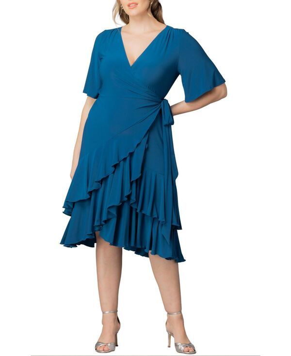 キヨナ レディース トップス ワンピース プラスサイズ フリル Kiyonna Plusize Miranda Ruffle Wrap Dress Aegean blue ブルー