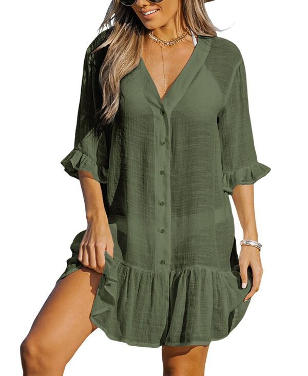 カップシー レディース トップス ワンピース フリル Cupshe Womens Ruffled Swim CoverUp Dress Dark green グリーン