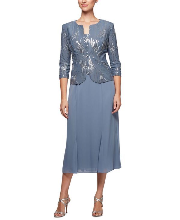 アレックスイブニングス レディース アウター ジャケット・ブルゾン ミディワンピース プチ ミディ Alex Evenings Petite Midi Dress Jacket Steel Blue ブルー