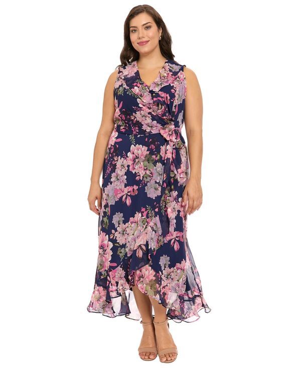 ロンドンタイムス レディース トップス ワンピース シフォン プラスサイズ フリル マキシ London Times Plusize Ruffled Chiffon Maxi Dress Navy Fuchsia ネイビー