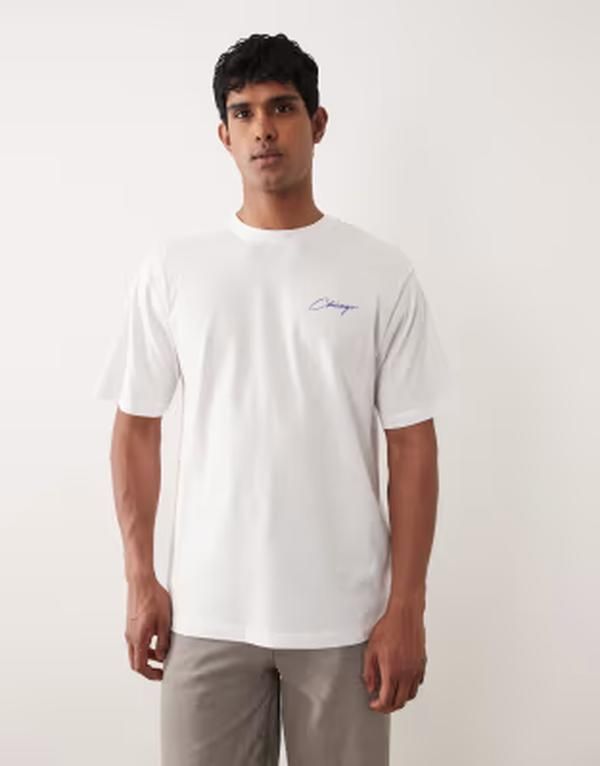 オンリーアンドサンズ メンズ トップス Tシャツ プリント ONLY SONS oversized Tshirt with Chicago back print Bright White ホワイト