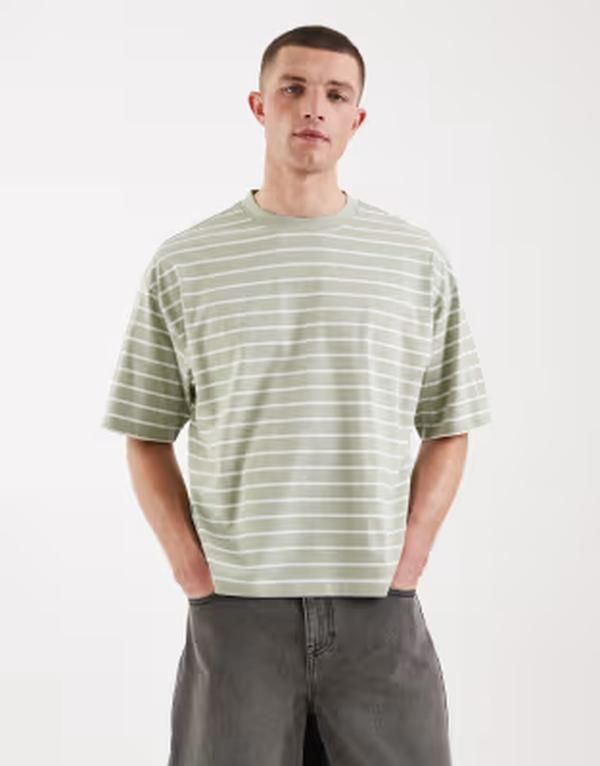 エイソス メンズ トップス Tシャツ ASOS DESIGN boxy oversized tshirt in sage stripesage stripe セージ