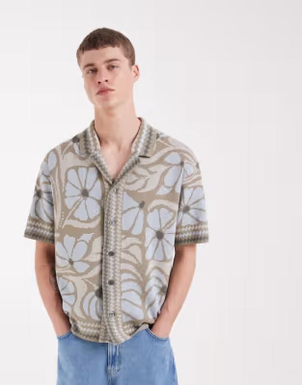 オンリーアンドサンズ メンズ トップス シャツ フラワー柄 ニット フラワー ONLY SONS knit shirt blue floral Silver sage セージ