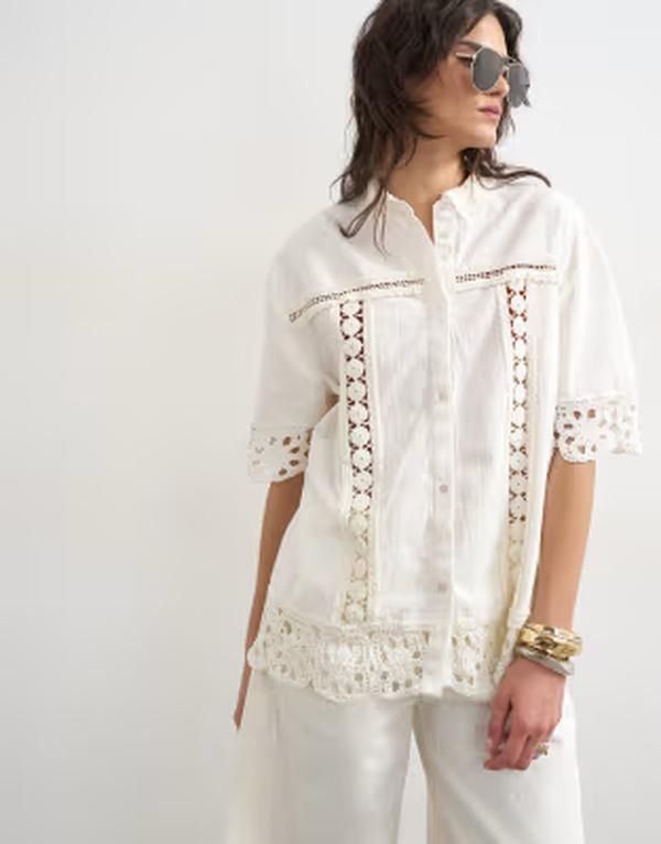 トップショップ レディース トップス シャツ レース Topshop lace inserts resort shirt IVORY アイボリー