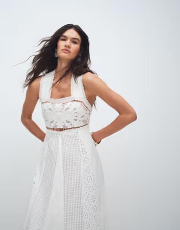 トップショップ レディース トップス ワンピース マキシ Topshop cutwork broderie mixed trapeze maxi dress White ホワイト